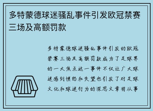 多特蒙德球迷骚乱事件引发欧冠禁赛三场及高额罚款